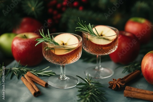 Refreshing Fall Cocktails With Apple Slices and Cinnamon on a Rustic Table