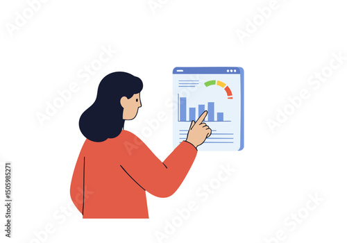 A professional woman monitors storage metrics on a tablet, focused and engaged. Clean, modern design with a bright background. Ideal for tech, business, and data visualization concepts.