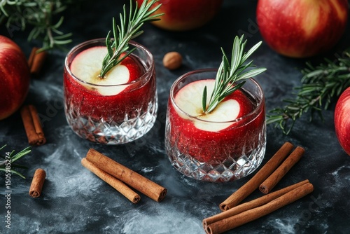 Refreshing Apple Drinks With Herbs and Spices in a Cozy Setting During Autumn...