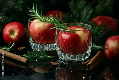 Refreshing Apple Drinks With Herbs and Spices in a Cozy Setting During Autumn...