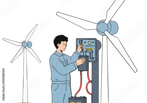 A technician performs battery maintenance on a wind turbine. A clean, modern illustration showcases the equipment and a focused worker.  Bright, professional style.