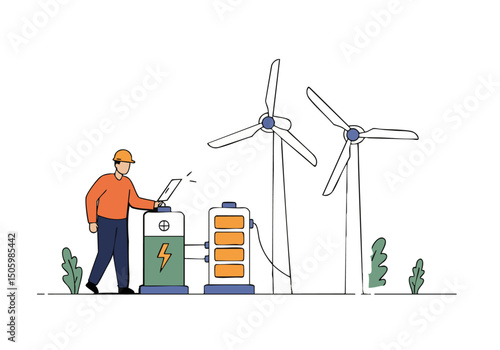 A technician monitors a wind turbine charging station, showcasing renewable energy. Modern illustration with a clean, professional style.