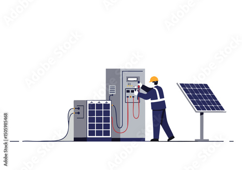 A technician troubleshoots a solar panel system, inspecting wiring and connections. Clean, modern illustration with a focus on renewable energy and maintenance.