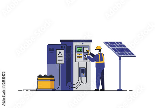 A technician troubleshoots a solar panel system, showcasing modern renewable energy infrastructure. Clean lines and a professional setting highlight reliability and maintenance.