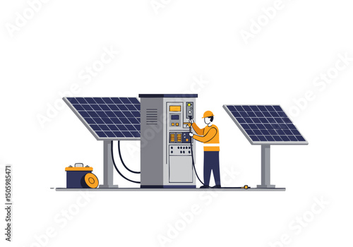 A technician troubleshoots a solar panel system. Clean lines, modern equipment, and a professional setting. Ideal for renewable energy visuals.