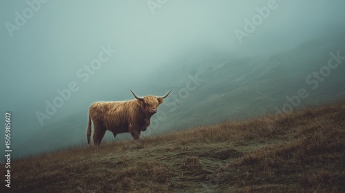 Highland Cow Standing Alone in Misty Landscape During Early Morning Hours