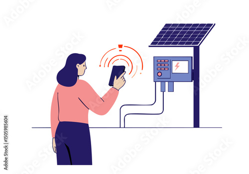 A woman monitors solar panel output via smartphone. Modern illustration showcasing renewable energy tracking. Clean, bright design.