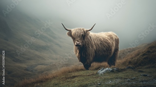 Highland Cow Standing Alone in Misty Landscape During Early Morning Hours.