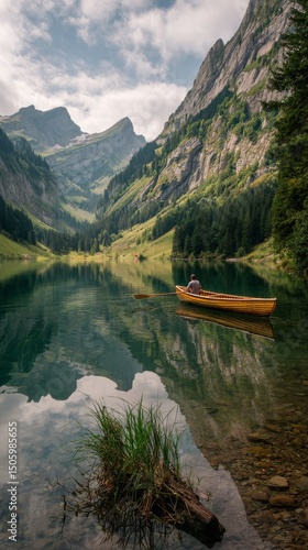 Rowing on a Tranquil Lake Surrounded by Mountains in Summer