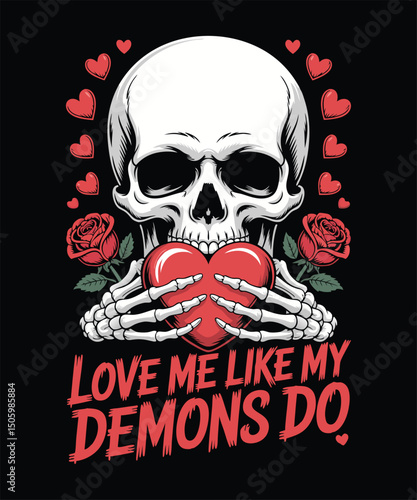 A skeleton holding a heart with roses and hearts around it on a black background with a Valentine's Day theme and a creepy romantic quote.