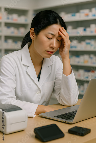 Stressed Pharmacist in White Coat at Desk with Laptop