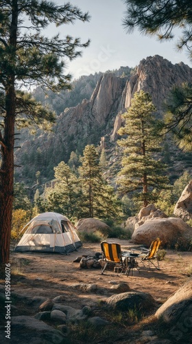 Serene Camping Spot in Rocky Mountains Surrounded by Tall Trees During Golden...