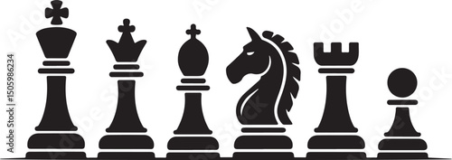 Chess piece icons set. Board game. Black silhouettes illustration. Outline set of chess vector icon for web design isolated on white background. King, queen, bishop, pawn, horse, knight, rook.