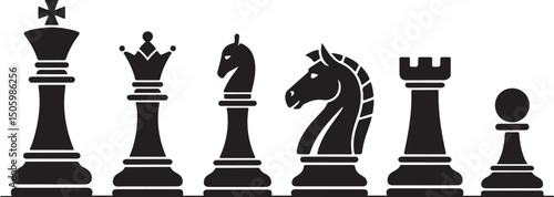 Chess piece icons set. Board game. Black silhouettes illustration. Outline set of chess vector icon for web design isolated on white background. King, queen, bishop, pawn, horse, knight, rook.