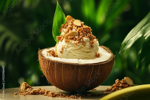 Delicious Coconut Dessert Served With Creamy Ice Cream and Crunchy Toppings.