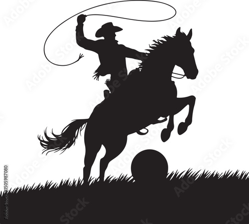 Cowboy silhouette with rope lasso on horse vector illustration isolated on white background for rodeo western design