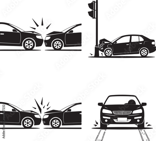 Crashed Cars vector Car eccident icons set