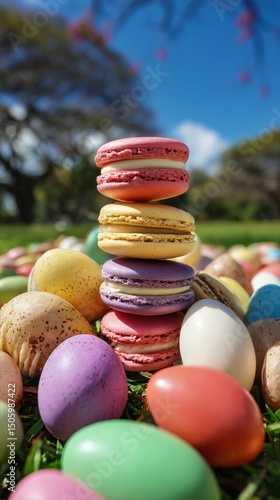 Colorful Macarons Stacked Artistically Among Pastel Easter Eggs on a Sunny Sp...