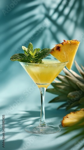 Refreshing Tropical Cocktail Garnished With Mint and Pineapple in a Serene Se...