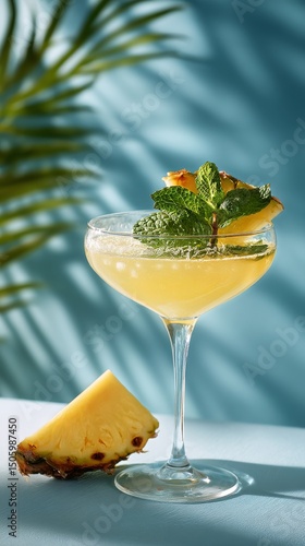 Refreshing Tropical Cocktail Garnished With Mint and Pineapple in a Serene Se...