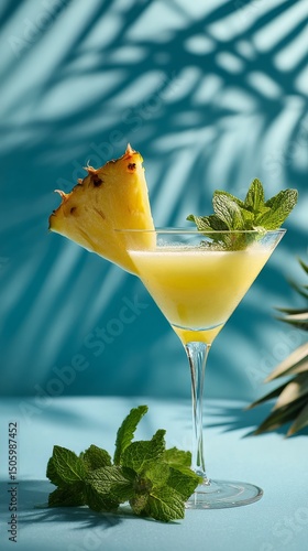 Refreshing Tropical Cocktail Garnished With Pineapple and Mint on a Vibrant B...
