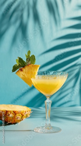 Refreshing Tropical Cocktail Garnished With Pineapple and Mint on a Vibrant B...