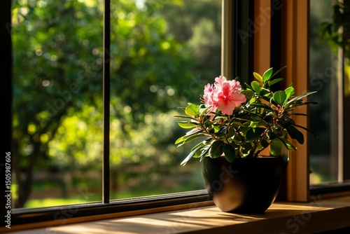 Sunlight Shines on Blooming Flowers in a Potted Plant by the Window.