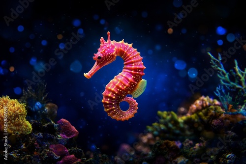 Colorful Seahorse Swimming Among Coral in a Vibrant Underwater Environment.
