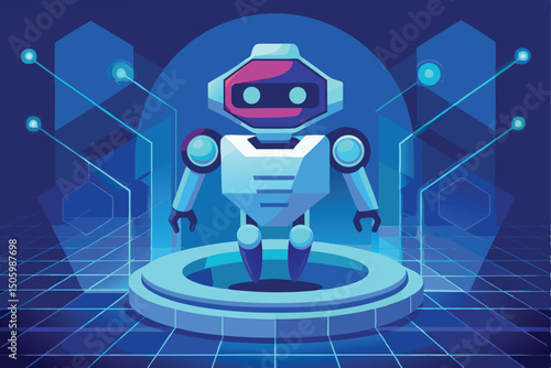 3D cartoon robot businessman character with a blue laptop computer, an android technology concept vector illustration