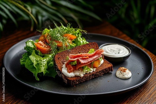 Delicious Sandwich With Fresh Greens and Creamy Dressing Served on a Black Plate