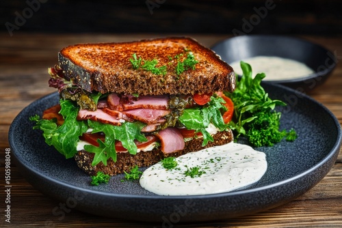Delicious Stacked Sandwich With Fresh Ingredients Served on a Wooden Table