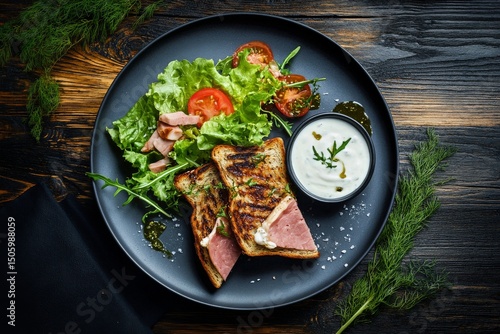 Delicious Sandwich With Fresh Greens and Creamy Dressing Served on a Black Pl...