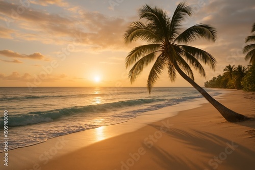Peaceful tropical beach at sunset with palm tree, gentle waves, and golden light reflecting on the ocean.

