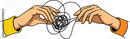A hand pulls a thread from a tangled ball in other hand. Concept of problem solving and eliminating uncertainty.