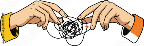 A hand pulls a thread from a tangled ball in other hand. Concept of problem solving and eliminating uncertainty.