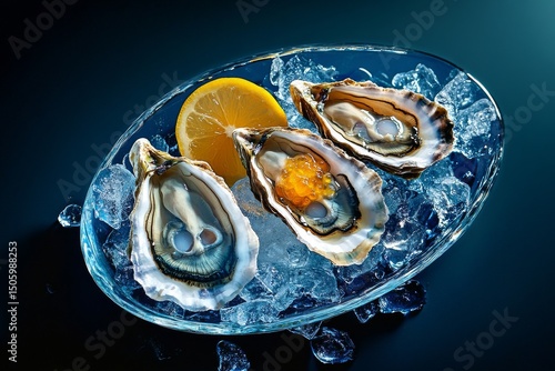 Freshly Shucked Oysters on a Bed of Ice With Lemon in a Stylish Presentation