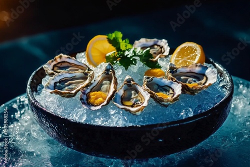 Delicious Fresh Oysters Served on Ice With Lemon and Garnish at a Coastal Res...
