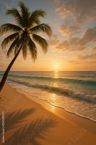 Peaceful tropical beach at sunset with palm tree, gentle waves, and golden light reflecting on the ocean.

