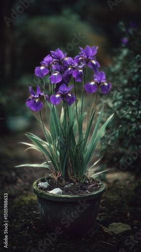 Vibrant Purple Flowers in a Green Pot on a Sunny Day in a Garden Setting.