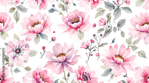 Seamless pattern with pink pions watercolor