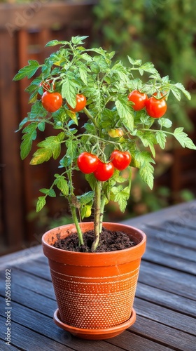 Growing Ripe Tomatoes in a Terracotta Pot on a Wooden Table Outdoors