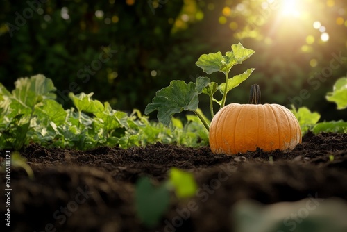 Pumpkin Growing in a Garden During Sunset With Lush Green Leaves Surrounding It