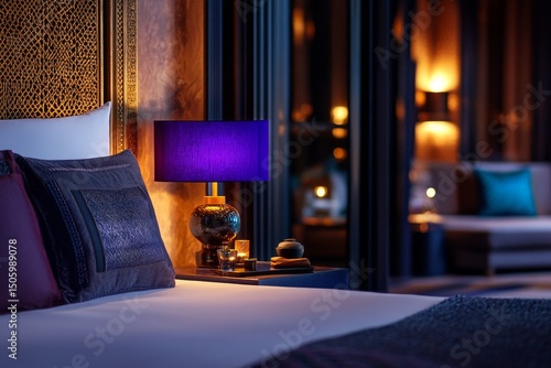Bright Purple Lamp Illuminating a Cozy Bedroom at Night With City Lights in t...