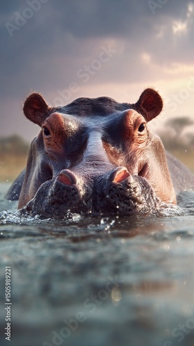Hippo Surfacing in Tranquil Waters During Sunset in African Wetland Environment