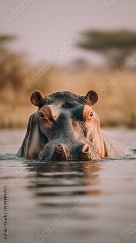 Hippopotamus Emerging From the Water in a Calm Setting During Sunset in Africa.