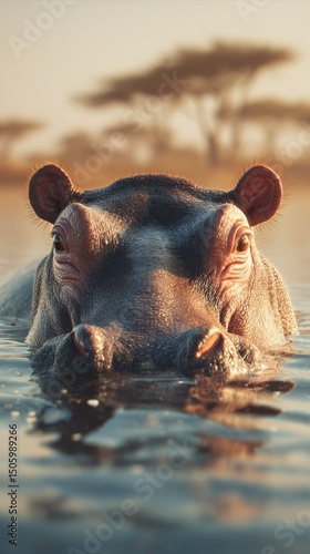 Hippopotamus Emerging From the Water in a Calm Setting During Sunset in Africa