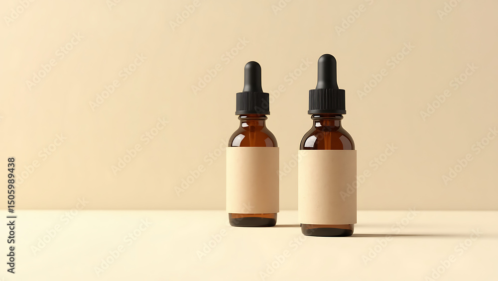 Amber dropper bottle with blank label on beige background Amber dropper bottle with blank label on beige background