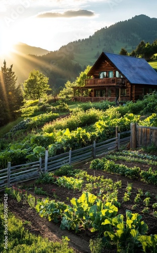 Serene Countryside House Surrounded by Lush Gardens at Sunset.