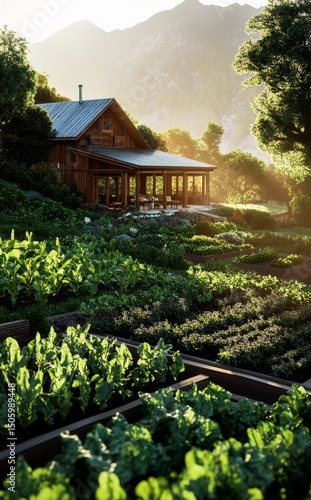 Serene Farmstead at Sunrise With Lush Gardens and Distant Mountains