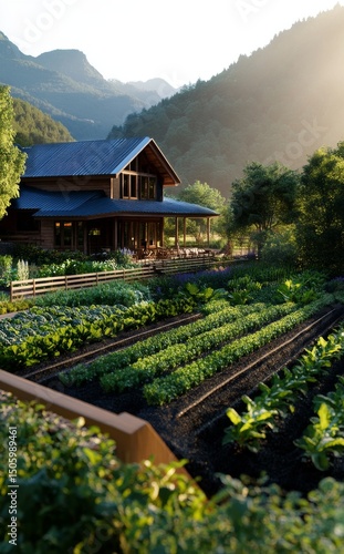 Serene Farmstead at Sunrise With Lush Gardens and Distant Mountains.